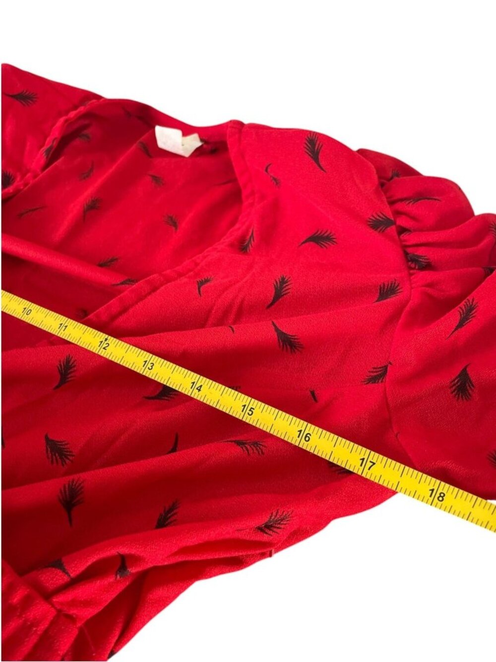 Vintage 80s Red Peplum Midi Dress | Black Leaf Print | Puff Shoulders | S Retro - Picture 10 of 13